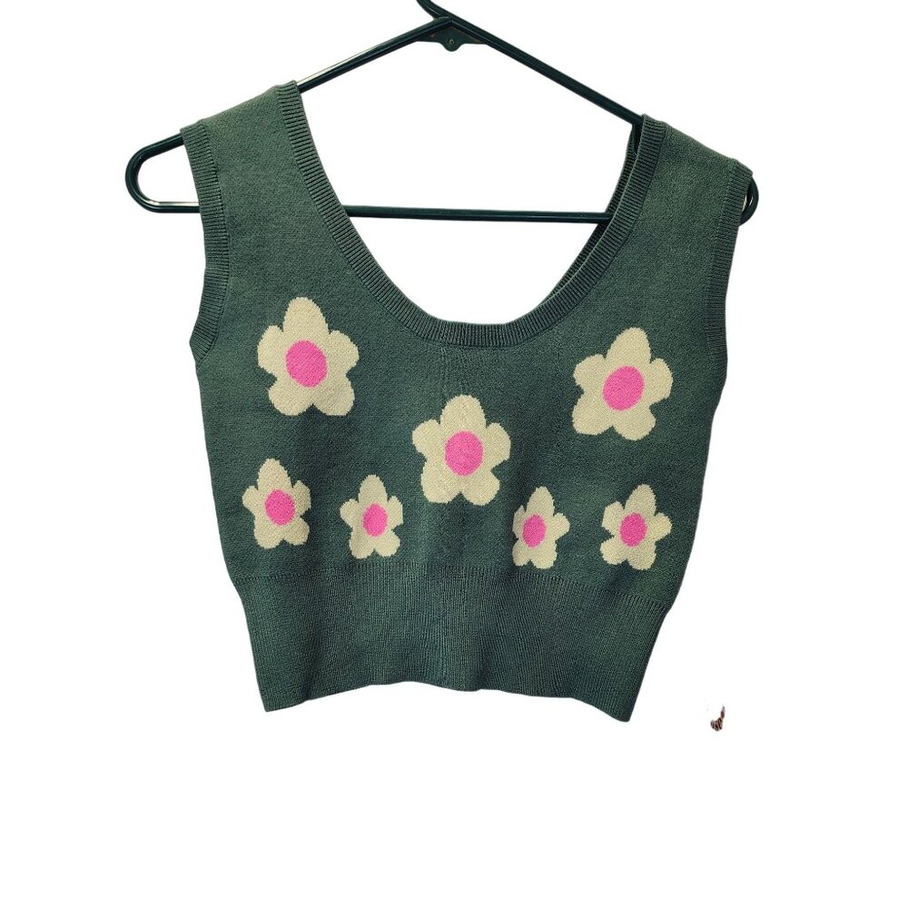 Bailey Rose Green Knit Crop Tank With Pink Daisy Flowers Size XS NWT